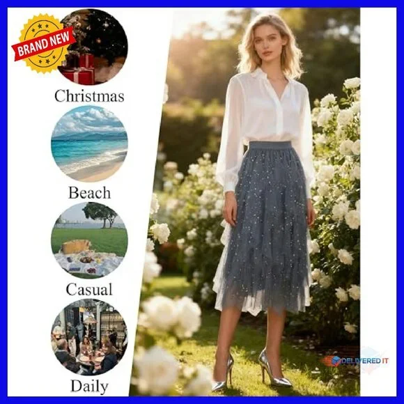 Tulle A-Line Midi Skirt High Elastic Waist Tiered Fairy Style - Picture 5 of 8